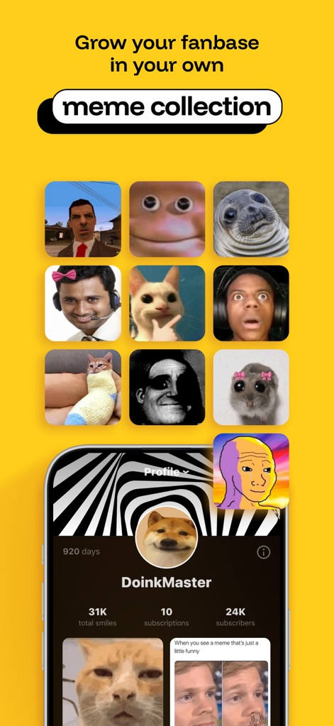 iFunny－funny videos，memes，GIFs - Una visión del perfil de usuario, donde "DoinkMaster" exhibe su colección de memes, destacando la interacción de la comunidad con el contador de suscriptores y una cuadrícula de memes populares.