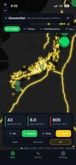 Capture d'écran de DisasterNet — Quakes & Fires sur iPhone 5