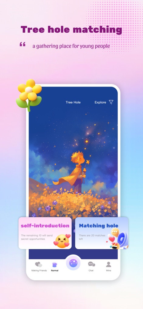 Private Meeting:Chat Nearby - Questo strumento invita gli utenti a scoprire nuove interazioni attraverso la funzione "Tree Hole", una tela per la condivisione di pensieri, e il "Matching hole", che offre la possibilità di trovare corrispondenze con opportunità segrete di connessione.