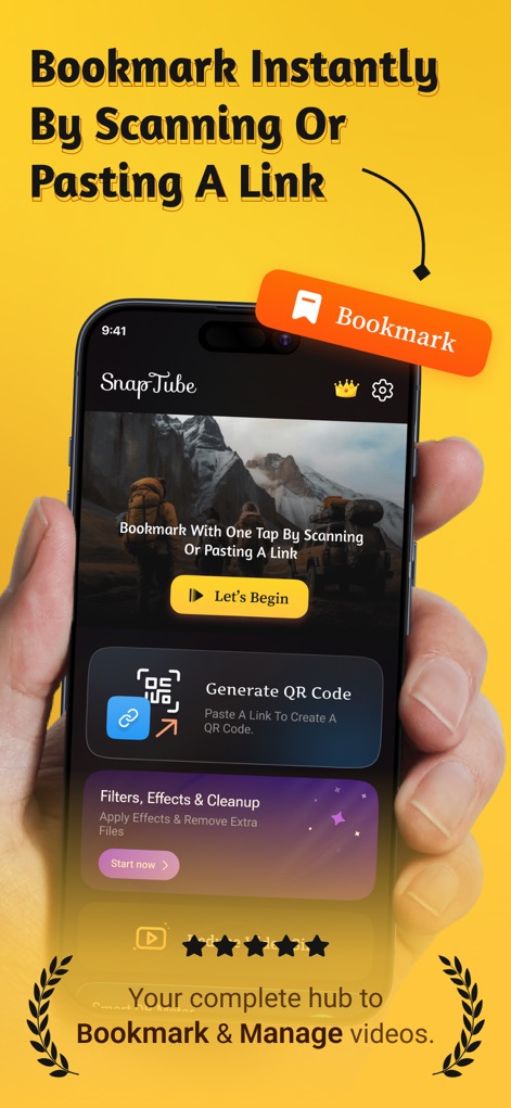 SnapTube - Video & Photo Save - Die App ermöglicht das sofortige Speichern von Inhalten, wie durch die deutliche 'Bookmark'-Schaltfläche und die integrierten Funktionen zur 'QR-Code generieren' dargestellt wird.