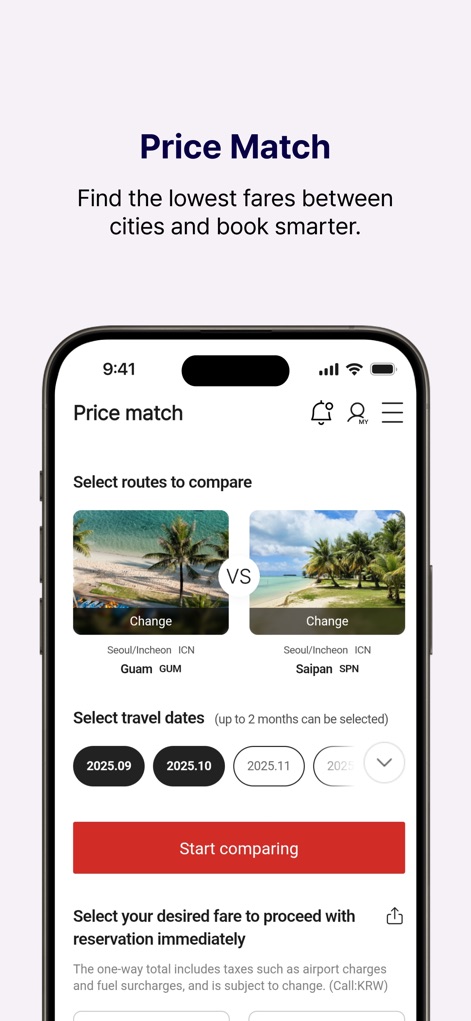 T’way Air - This tool enables smart travel planning, presenting a clear "route comparison interface" with destination images and flexible "date selection fields" for identifying the best fares.