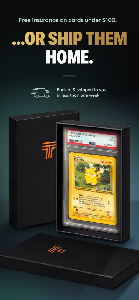 Rips by Triumph - Los coleccionistas pueden optar por recibir físicamente sus cartas, como se muestra con la 'carta de Pikachu con calificación PSA 9' dentro de su caja de presentación, y el 'icono de camión de envío' que garantiza la entrega segura.