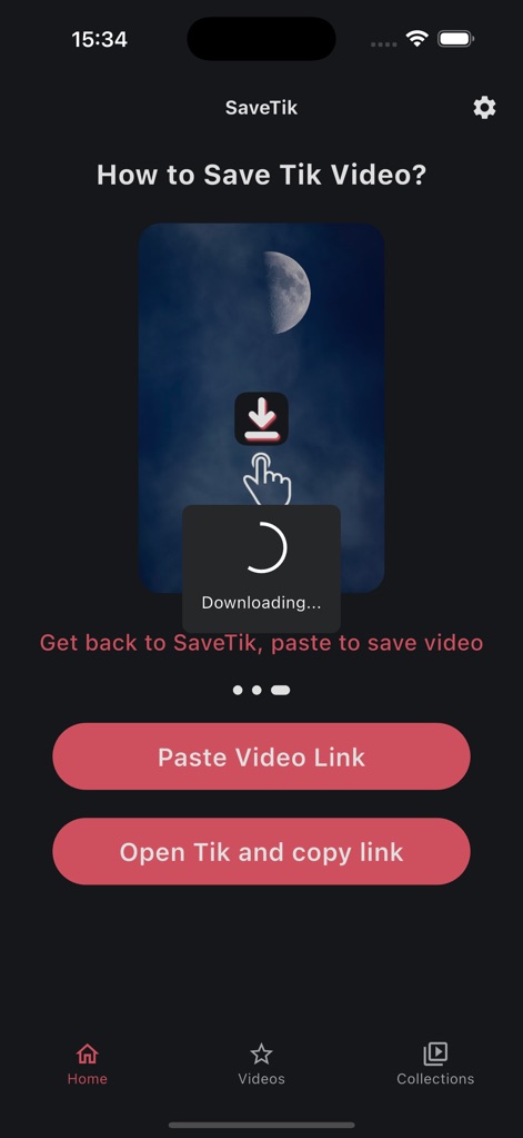 SaveTik: Tik Tock Video Saver - Upon returning, the app displays a dynamic 'Downloading...' animation, signaling immediate video acquisition, and presents an option to 'Paste Video Link' for manual input.