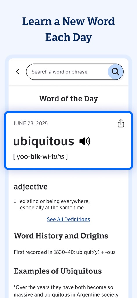 Dictionary.com: English Words - Diariamente, uma nova palavra é apresentada, como "ubiquitous", acompanhada de sua definição completa e uma seção dedicada à "Word History and Origins".