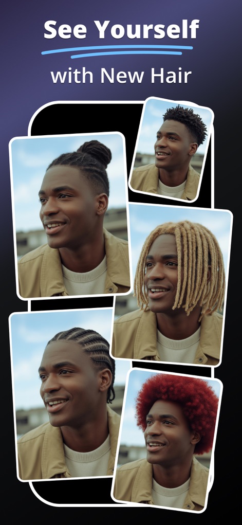 MePic－AI Photo Video Generator - Explore diverse looks with the app's virtual hair editor, presenting the user's face with various new hairstyles and colors.