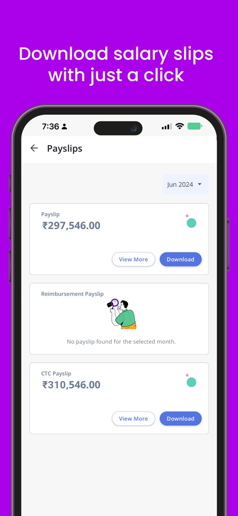 greytHR - the one-stop HR App - Users gain immediate access to financial documents, viewing various 'Payslip' types and having the direct option to 'Download' them instantly.