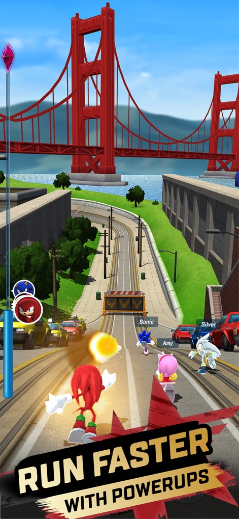 Sonic Forces: Run Battle Game - The app highlights strategic power-ups for an edge in races and visually distinct environments, such as the cityscape with a prominent bridge.