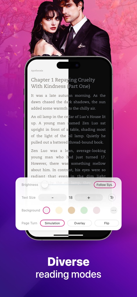 MoboReader: Top Novels & Books - The app offers extensive customization options for reading, including adjustable "Brightness" levels and "Text Size" controls for optimal comfort.