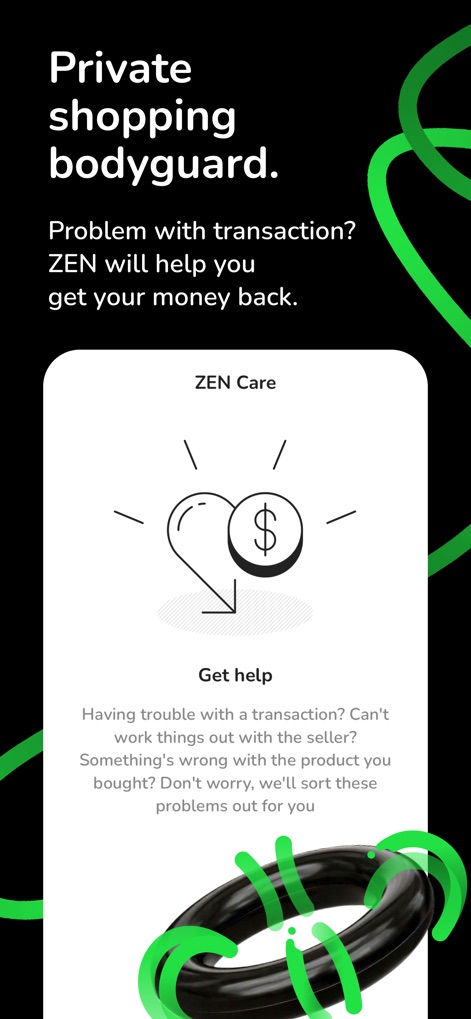 ZEN.COM – Mobile Wallet - Cette section décrit le service "ZEN Care", conçu pour protéger les transactions des utilisateurs et "aider à récupérer leur argent" en cas de problème, grâce à une assistance intégrée dans l'application.
