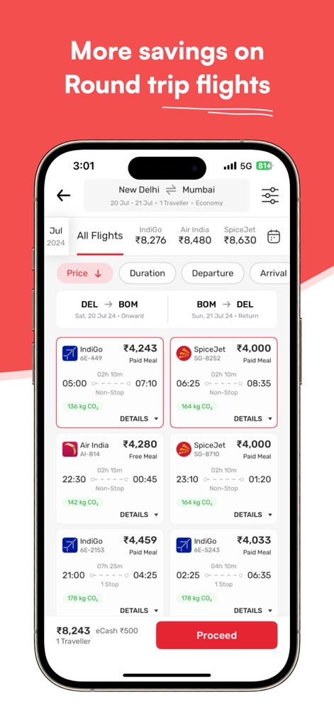 Yatra - Flights, Hotels & Cabs - This screen enables users to compare flights across multiple airlines, such as 'Indigo' and 'Air India', while also providing transparency with 'CO2 emissions' data for each option.