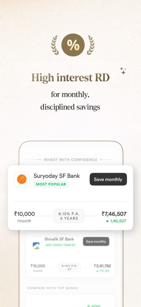 Stable Money: FDs, Bonds, Gold - This tool enables disciplined monthly savings through high-interest RDs, displaying an example of 8.15% P.A. from Suryoday SF Bank and detailing potential growth for a ₹10,000 monthly investment.