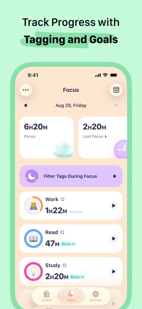 OffScreen: Screen Time Control - 「Work」「Read」「Study」など、タグ付けされた集中セッションにより、ユーザーは自身の集中成果を追跡し、合計集中時間や前回集中時間を確認できます。