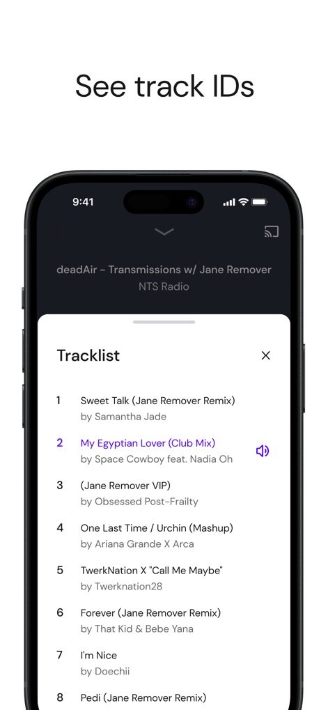 Mixcloud: Music, Mixes & Radio - Explore the detailed content of mixes with the "Tracklist" feature, revealing individual track identifications and artist credits for deeper music discovery.