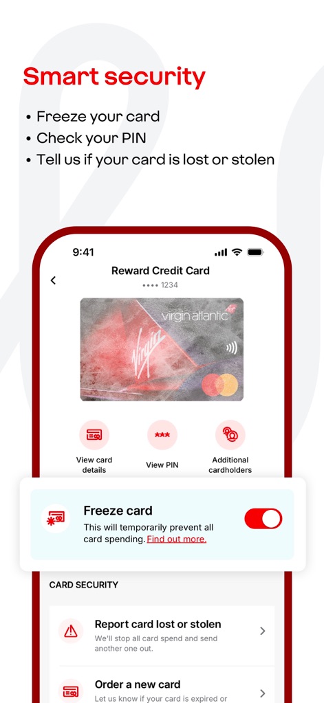 Virgin Money Credit Card - Cette section met en avant les fonctionnalités de sécurité, offrant la possibilité de 'Freeze card' instantanément et de visualiser le 'View PIN' de manière sécurisée pour protéger le compte.