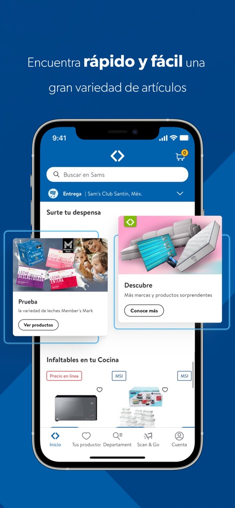 Sam's Club México - The app offers a personalized shopping experience with tailored product recommendations like 'Surtir tu despensa' (stock your pantry) and visually appealing product cards featuring diverse items from various departments.