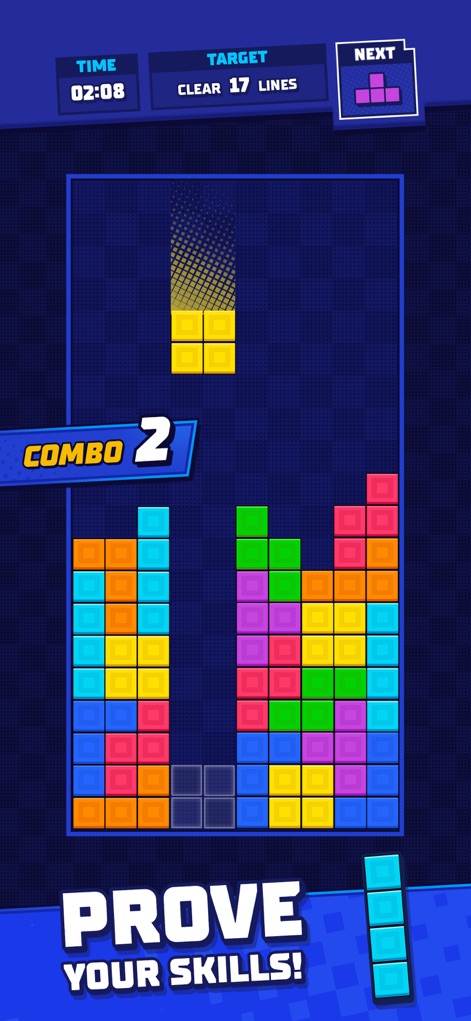 Tetris® - Una partida en curso donde se observa un contador de 'COMBO 2' y un objetivo claro de 'CLEAR 17 LINES', enfatizando la estrategia y la habilidad.