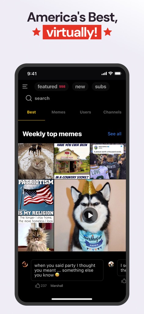 ABPV－America’s best pics, vids - La aplicación ofrece una vasta galería de memes organizada por categorías, como "Weekly top memes" y "Mascotas lindas", permitiendo a los usuarios explorar tendencias y contenido relevante seleccionado algorítmicamente.
