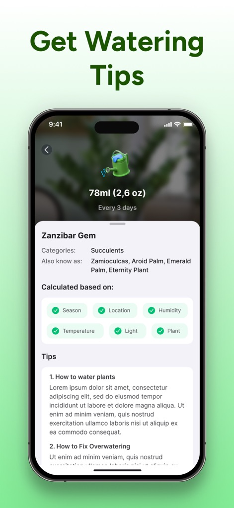 PlantCheck: Plant Identifier - Receive precise watering recommendations, such as '78ml (2.6 oz) Every 3 days', meticulously 'Calculated based on:' various environmental factors.