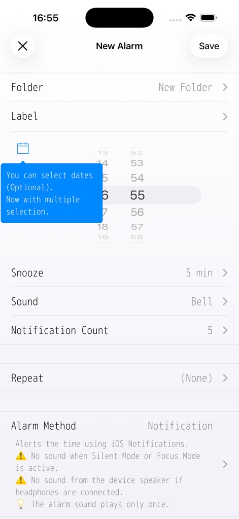 Alarm & Timer - La interfaz de configuración de alarmas permite a los usuarios seleccionar fechas específicas y personalizar la cantidad de notificaciones que recibirán.