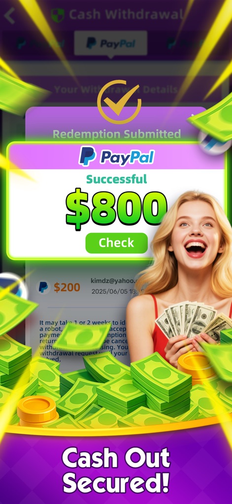 Cash Carnival - Win Real Money - La aplicación celebra el éxito del usuario con una confirmación clara de 'Redemption Submitted' y destaca el logo de PayPal como método de retiro fácil.