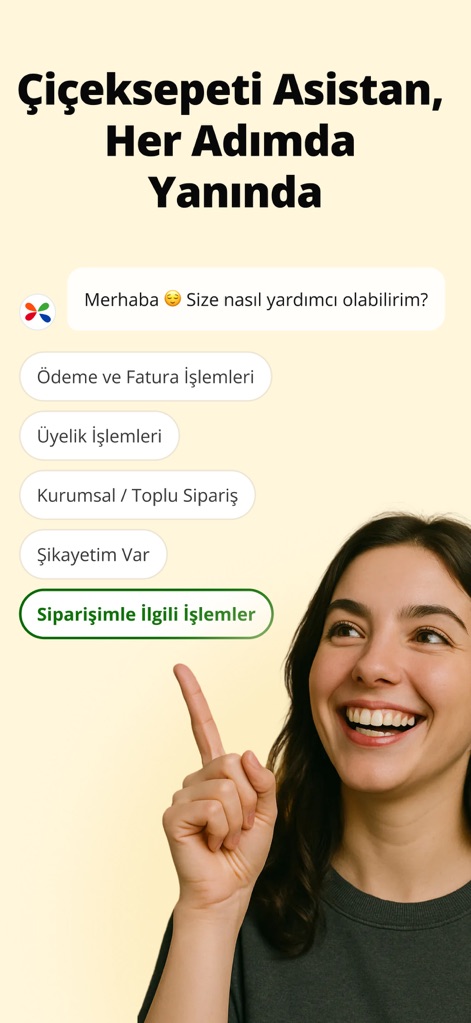 Çiçeksepeti - Çiçek & Hediye - L'Assistant Çiçeksepeti est disponible pour toute question, couvrant les transactions de paiement et les requêtes spécifiques aux commandes.