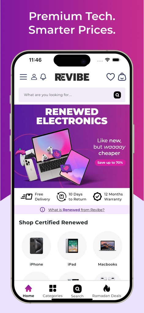 Revibe - Renewed Electronics - O aplicativo exibe um banner atraente com a mensagem "Premium Tech. Smarter Prices." e ícones de benefícios como "Free Delivery" e "12 Months Warranty", destacando a proposta de valor para os usuários.