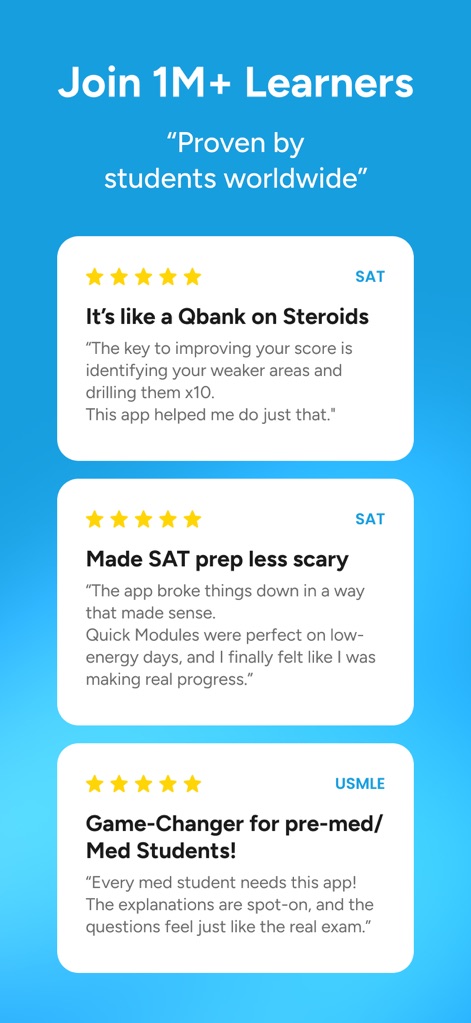 TestGenie: Digital SAT Prep - La sección de testimonios destaca el éxito de la aplicación, mostrando "calificaciones de 5 estrellas" de usuarios satisfechos y reflejando su efectividad para diferentes "exámenes como el SAT y el USMLE".