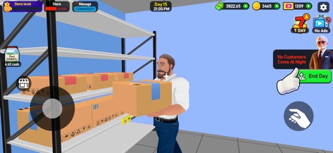 Supermarket Tycoon 3D - This tool demonstrates the essential inventory management workflow, where staff diligently stock shelves with delivered boxes in the dedicated storage area.