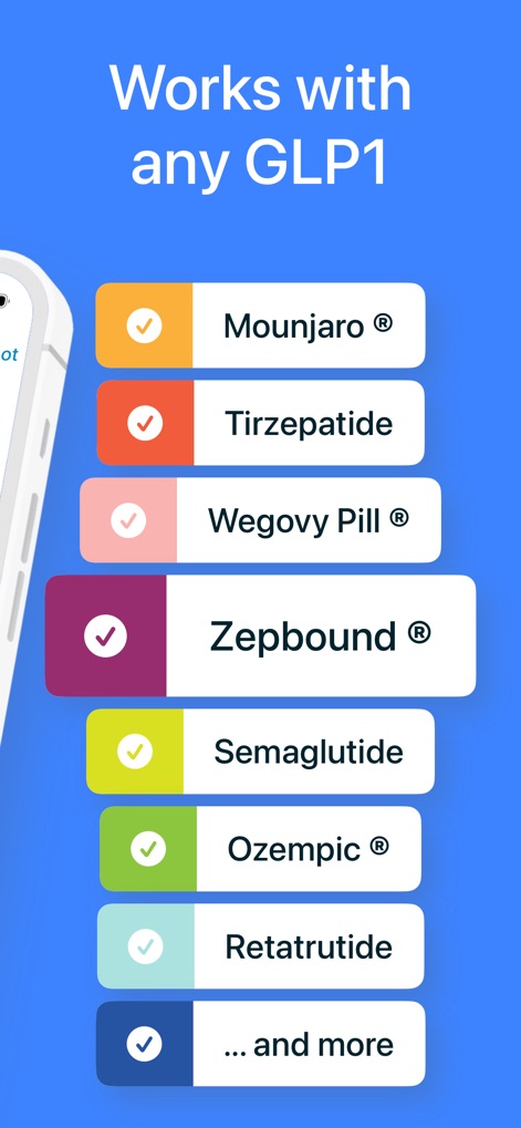 Shotsy GLP-1 Tracker - O aplicativo suporta uma vasta gama de medicamentos GLP-1, exibindo uma lista de opções como Ozempic e Mounjaro para seleção.