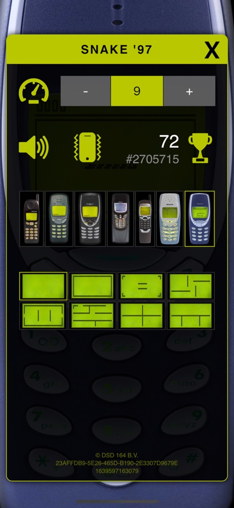 Snake '97: retro phone classic - Users can tailor their gameplay with adjustable difficulty levels and a gallery of iconic phone models to choose from.