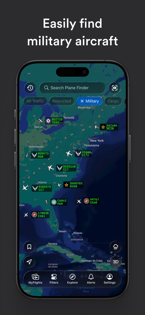 Plane Finder ⁃ Flight Tracker - The app allows users to "easily find military aircraft" by applying specific filters, displaying their unique icons and flight paths on the map.