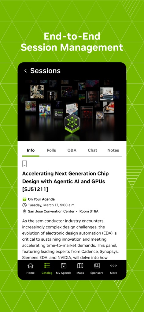 NVIDIA GTC - Les utilisateurs accèdent à une gestion de sessions complète, où ils peuvent consulter des informations détaillées et interagir via des fonctionnalités comme les Q&A et les notes, enrichissant ainsi leur expérience de conférence.