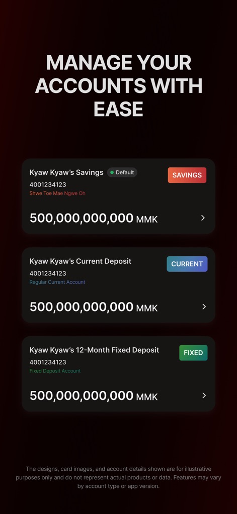 AYA Mobile Banking - Die App bietet eine klare Übersicht über verschiedene Kontotypen wie 'Savings' und 'Current Deposit', jeweils mit dem aktuellen Guthaben und spezifischen Tags wie 'SAVINGS' und 'FIXED' zur schnellen Identifikation.