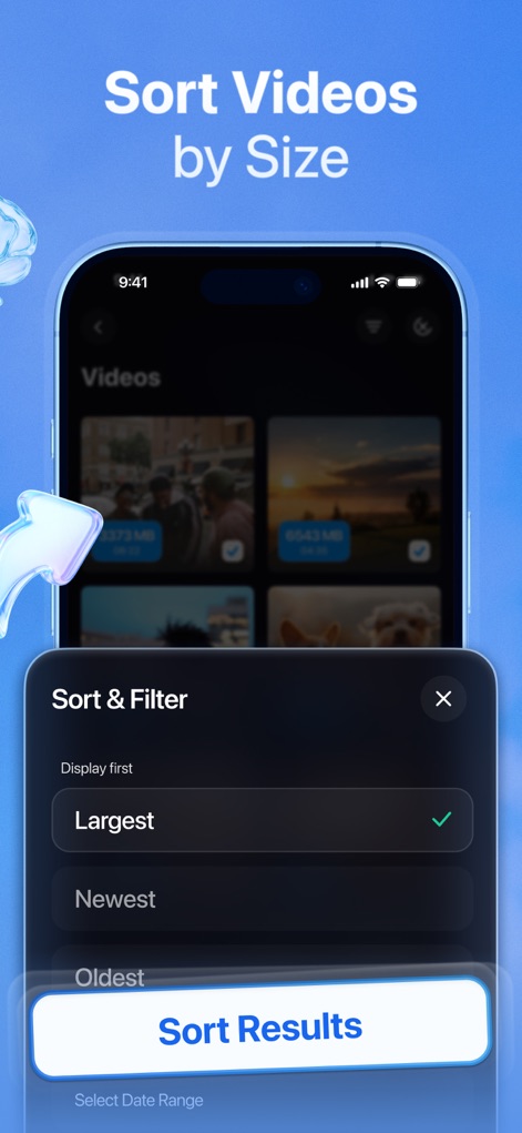 KeepClean AI: Storage Cleaner - This feature allows users to efficiently sort their videos by various criteria, such as "Largest" or "Newest", via the clear "Sort & Filter" menu.