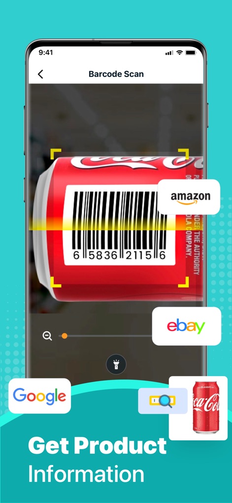 QR Code Scanner:Barcode Reader - このアプリは、バーコードのスキャンにより、ユーザーがコカ・コーラなどの商品の詳細情報を即座に取得し、AmazonやeBayのような関連するオンラインストアでの検索結果を表示します。