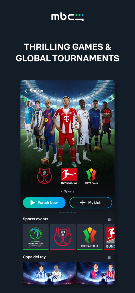 MBC Shahid - Los aficionados al deporte encontrarán una interfaz dedicada con logos de ligas internacionales como la 'Bundesliga' y la 'Coppa Italia', junto a una clara categorización de 'Sports events' para una navegación sencilla.