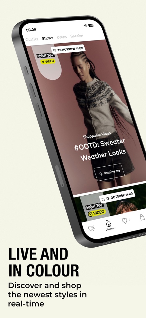 ABOUT YOU Online Fashion Shop - Nutzer tauchen in interaktive Shoppable Videos ein, um neue Styles zu entdecken und können eine Erinnerungsfunktion für anstehende Mode-Events oder Produkt-Drops nutzen.