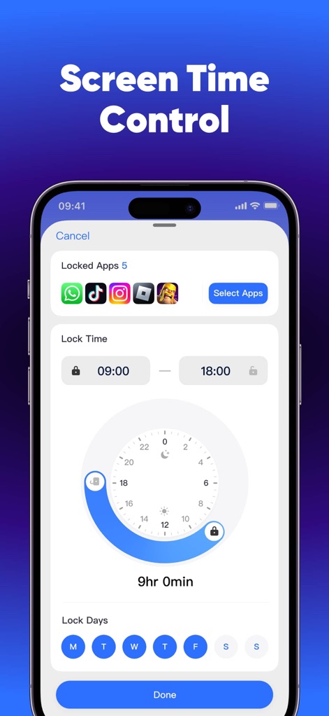 App Lock - Lock Apps . - Users can effectively manage screen time by setting specific lock hours with the intuitive clock selector and choosing particular days for app restrictions on selected applications.