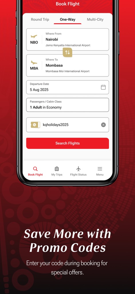 Kenya Airways - Les utilisateurs peuvent appliquer des codes promotionnels pour des réductions, visible via le champ 'Add Promo Code' intégré directement sous les informations de vol et le bouton 'Search Flights'.