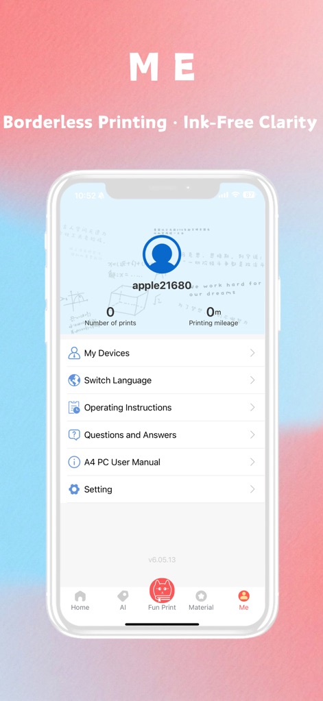 Fun Print - Manage user preferences within the "Me" section, including options for "Switch Language" and access to comprehensive "Operating Instructions."
