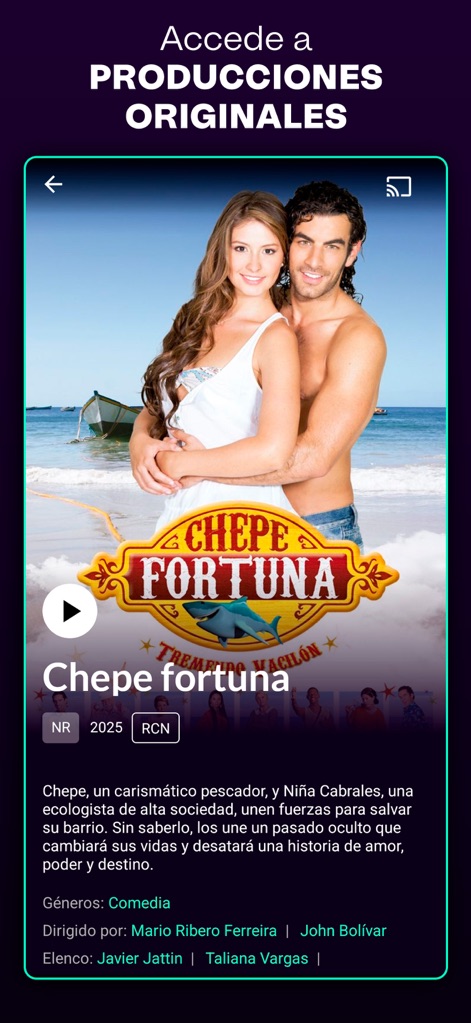 Canal RCN - This tool showcases original productions with captivating artwork, such as the vibrant poster for "Chepe Fortuna" and a clear "Comedia" genre tag.