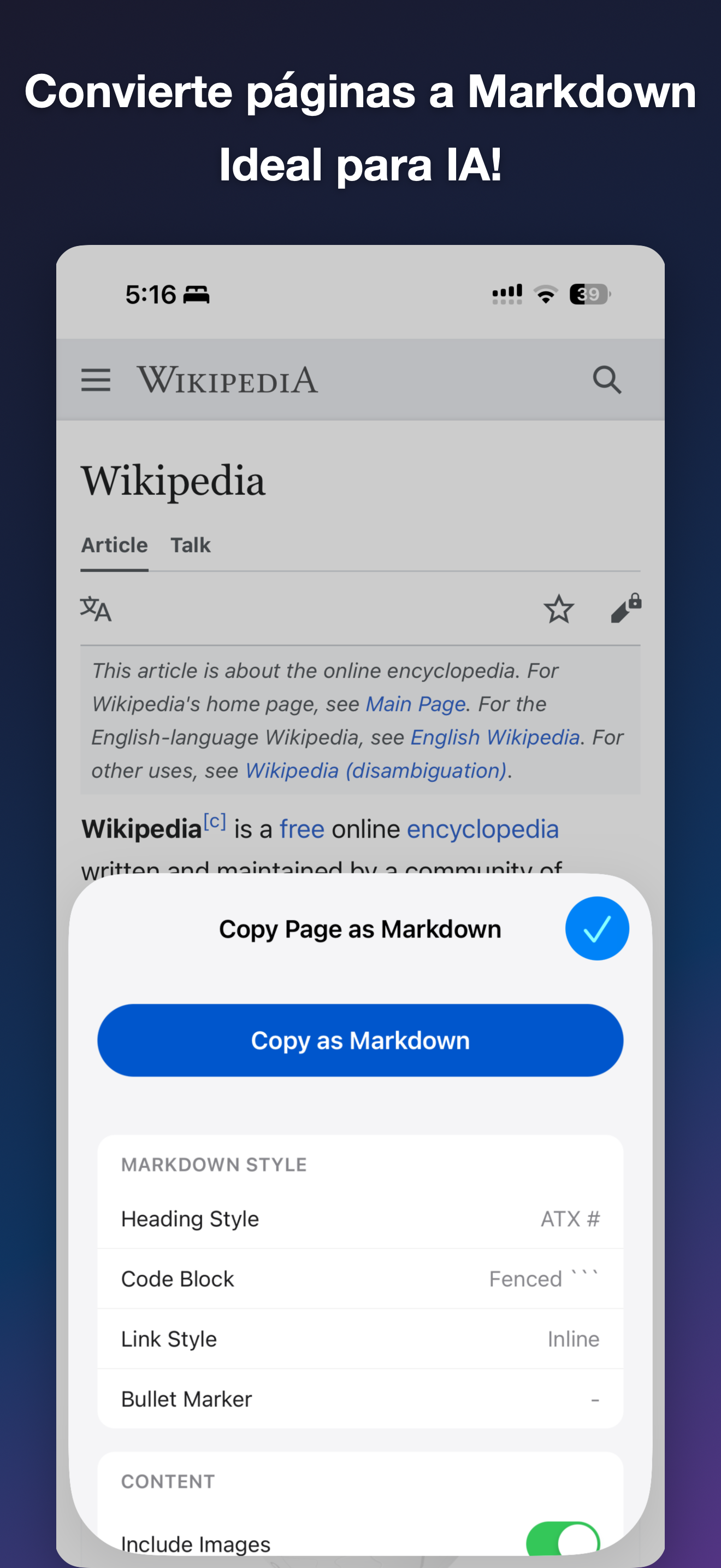 MDC - Markdown Copier iOS screenshot 1 showing app interface