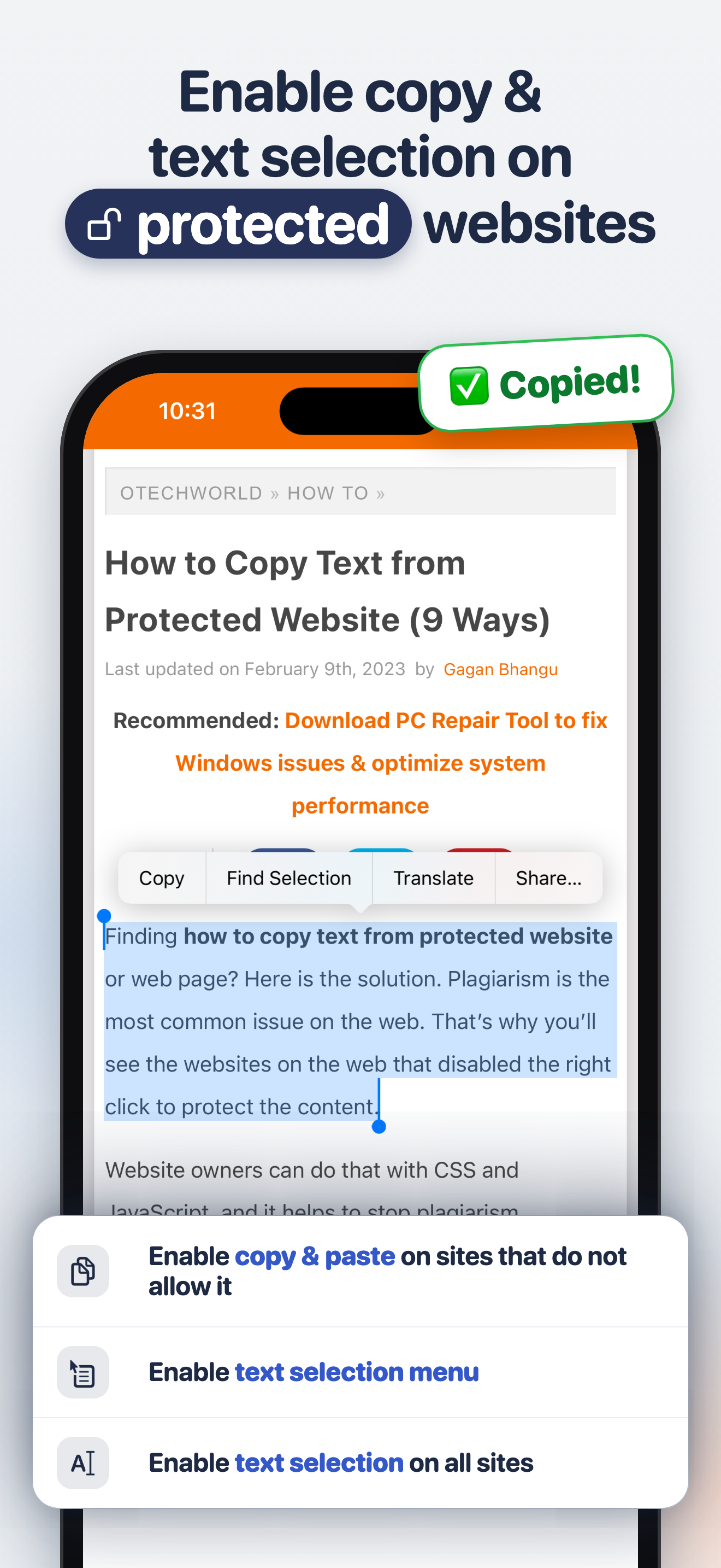 Enable Copy for Safari