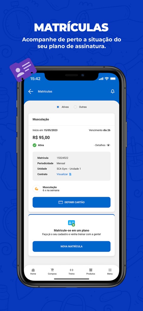 SCA Aluno - La sezione "MATRÍCULAS" fornisce agli utenti una panoramica completa della propria situazione, mostrando i dettagli della "Matrícula Ativa" con il prezzo "R$ 95,00" e un'opzione chiara per avviare una "NOVA MATRÍCULA" direttamente dall'app.