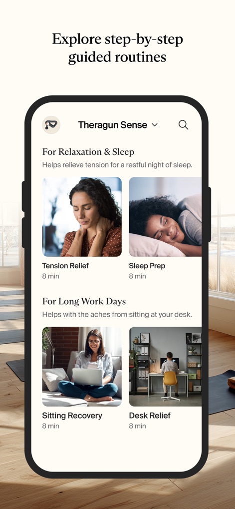 Therabody - L'app offre una vasta libreria di routine come 'Tension Relief' per il relax e 'Desk Relief' per il sollievo dalla tensione post-lavoro, progettate per diverse esigenze quotidiane.