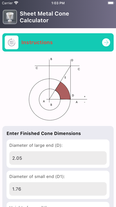 Screenshot #1 pour Sheet Metal Cone Calculator