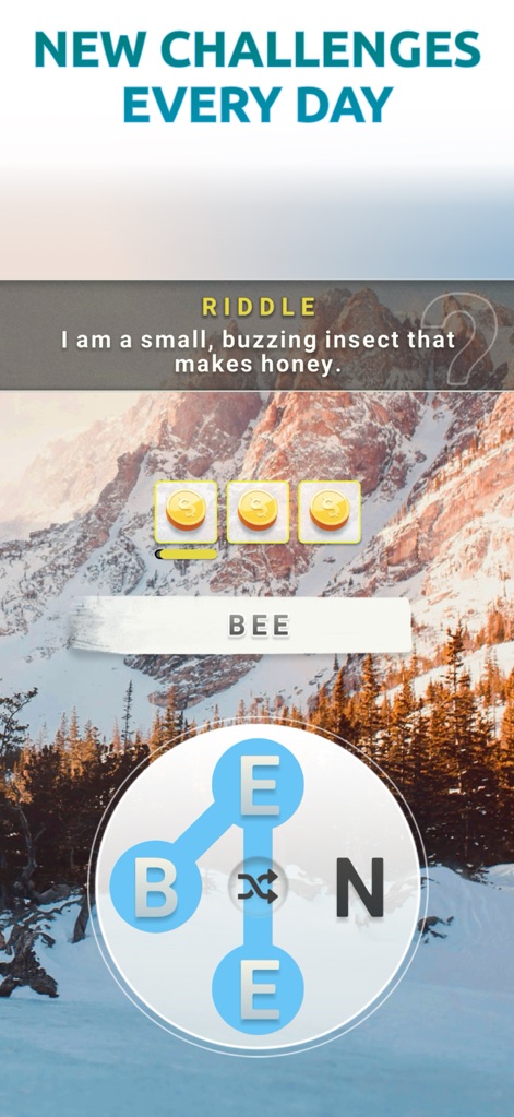 Word Connect - Words of Nature - The app provides fresh content with daily riddle challenges, encouraging continuous engagement and offering in-game coin rewards for successful completions.