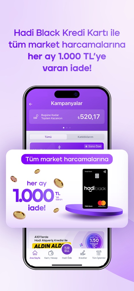 TOM Bank Hadi - Explore the app's rewarding campaigns, highlighting how users can earn up to 1,000 TL cashback monthly on market expenses and track their total accumulated earnings.