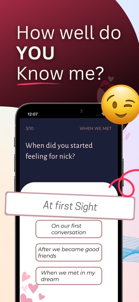 Lovify: Couple Questions Games - Esta tela de quiz desafia os usuários a testar seu conhecimento sobre o parceiro, com uma pergunta como "Quando você começou a sentir algo pelo Nick?" e múltiplas opções de resposta para selecionar.