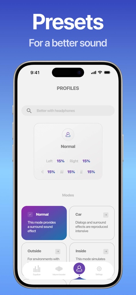 Equalizer & Bass Booster FX - Gli utenti possono scegliere tra diversi profili sonori predefiniti, come la modalità "Normal" che fornisce un effetto surround, e opzioni come "Car" e "Outside" per ambienti specifici.